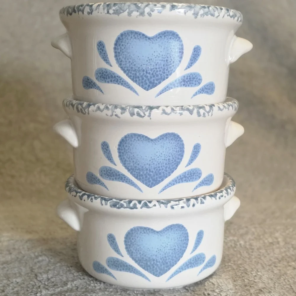 Set of 3 Country Blue Heart Ceramic Covered Soup Crocks No Lids Cottagecore
